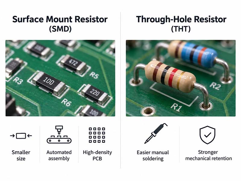 resistores SMD e resistores de montagem através de furos